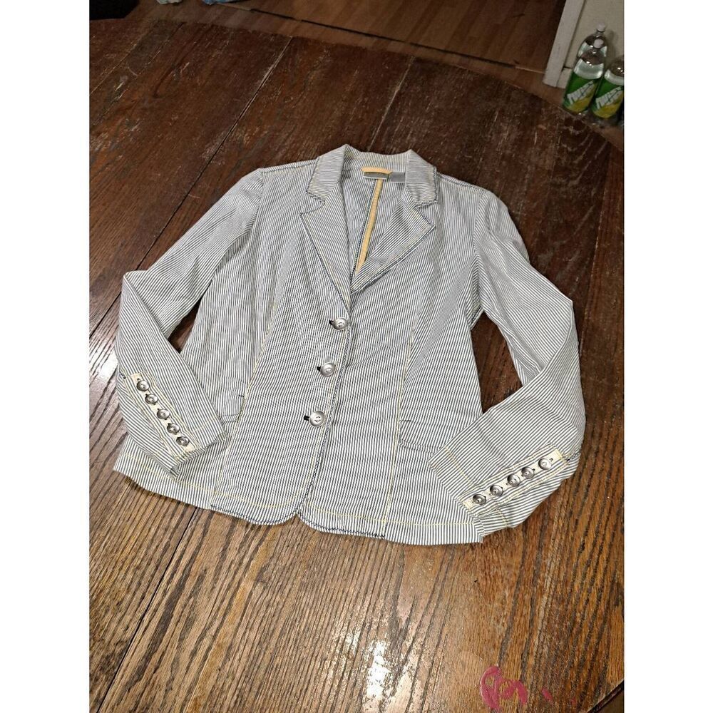 Small Size 4 Chicos 0 Blue White Striped Long Sleeve VNeck Button Jacket Blazer
